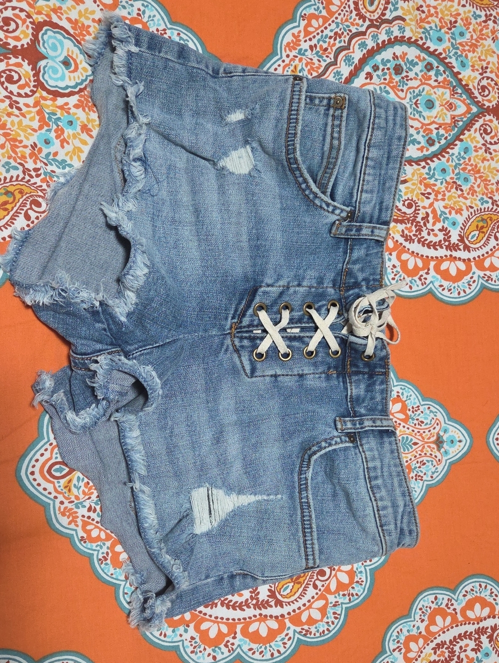 Billabong Light Blue Distressed Denim Lace-Up Shorts